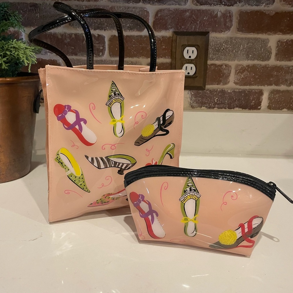 Pink Shoe-Print Tote and Cosmetic Pouch Set